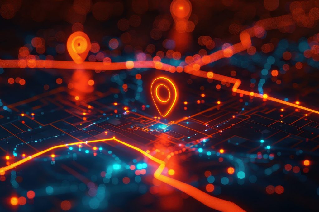 Futuristic Digital Map Interface with Glowing Location Markers Futuristic Digital Map Interface with Glowing Location Markers